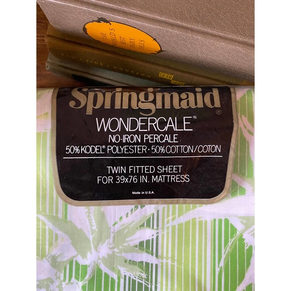 New Deadstock Vintage Springmaid Green Bamboo Stripe Twin Sheets and Pillowcases - Picture 5 of 6